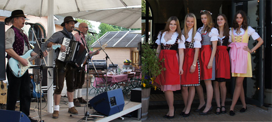 Bayrische Musiker in Trachten im Krongut Bornstedt Bayrische Musiker in Trachten im Krongut Bornstedt und Dirndl Damen feiern mit mexikanischen Gästen