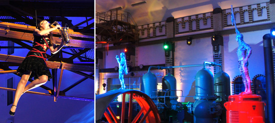 versilberte Kraftakrobaten und schwebende Saxophonistin versilberte Kraftakrobaten und schwebende Saxophonistin im Wasserwerk in Berlin
