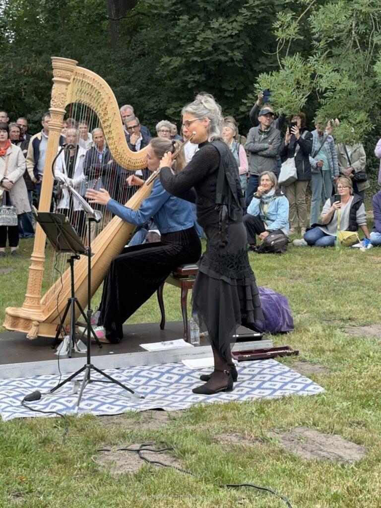 Musicians with harp and flute play a symbiosis of old instruments and modern interpretations for events and cultural functions